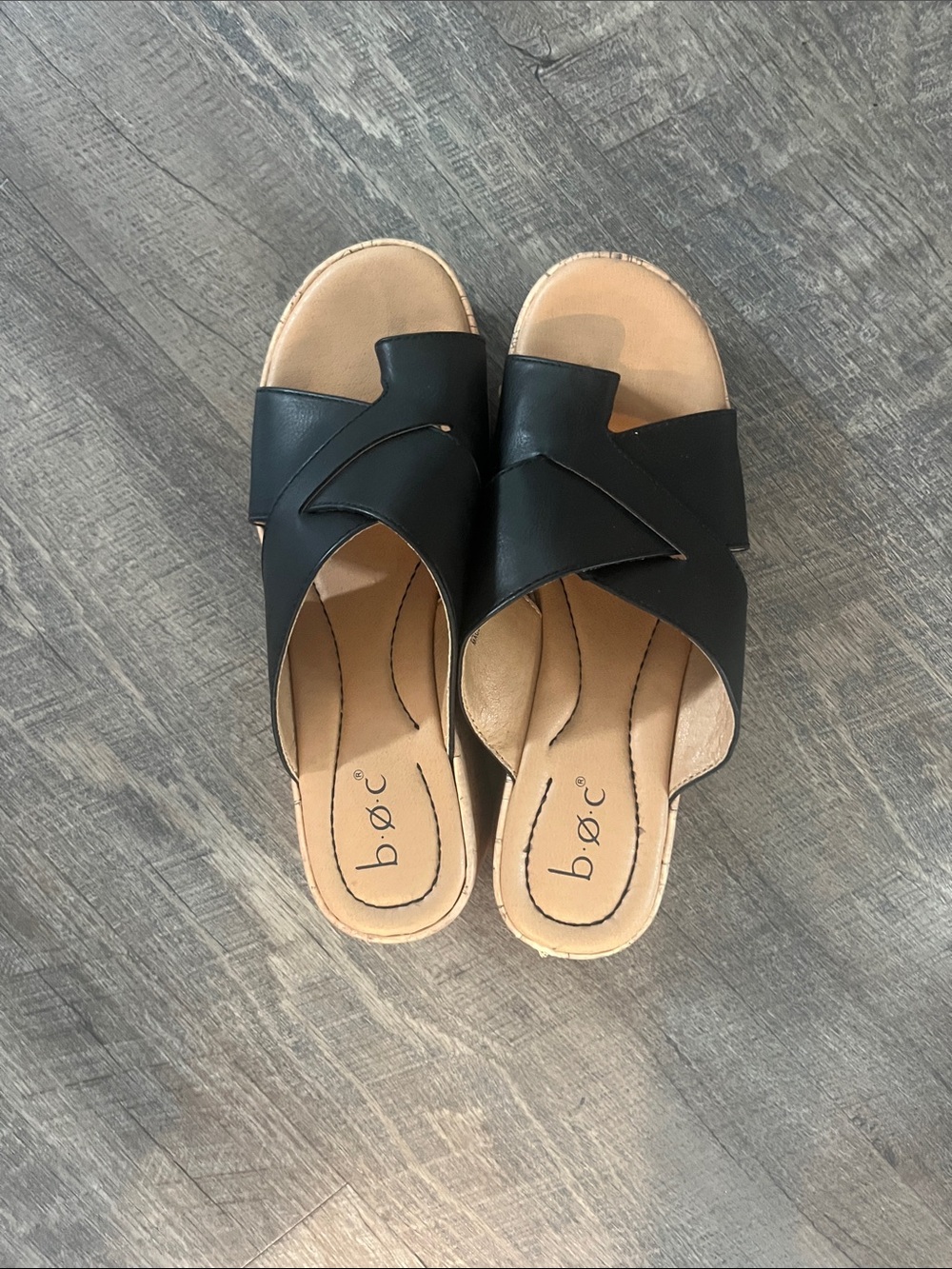 b.o.c. Black Crossover Slide Sandals with Tan Insole